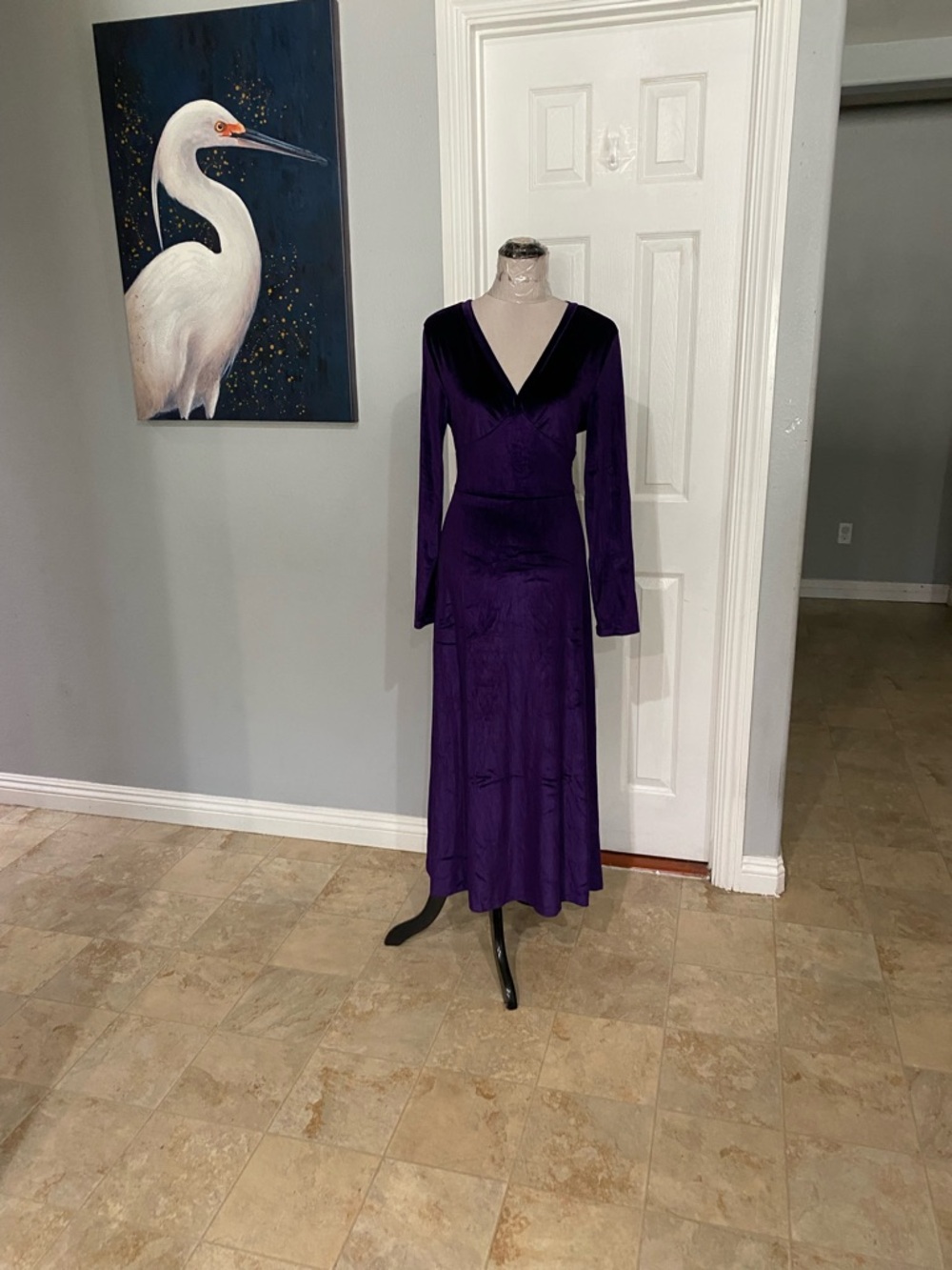 New Women XL Purple Velvet V-neck Stretchy Longsleeve Maxi Dress - Picture 4 of 8